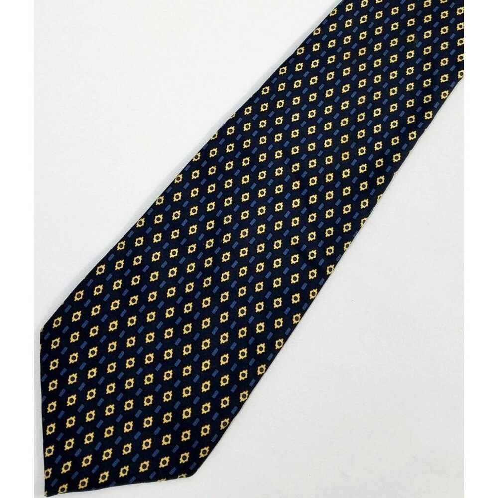 Huntington Mens Silk NeckTie Navy Yellow Geometric Diamond Pattern 57" Tie